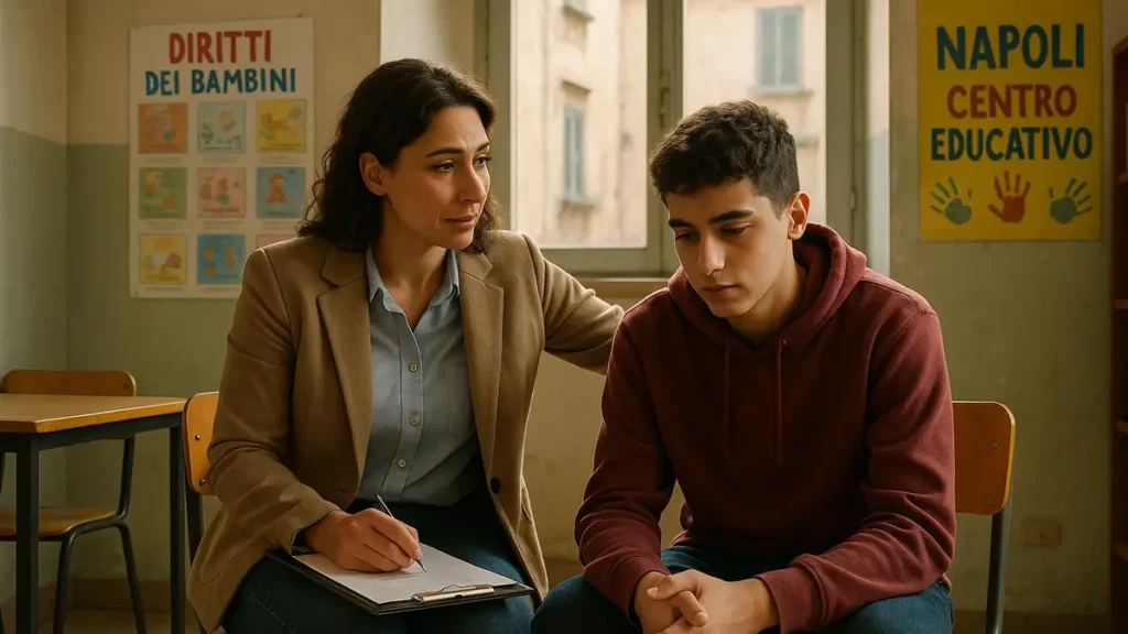 Assistente sociale parla con un minore in un centro educativo a Napoli