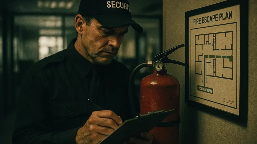 Operatore in azienda che controlla estintore e mappa di evacuazione durante una simulazione antincendio
