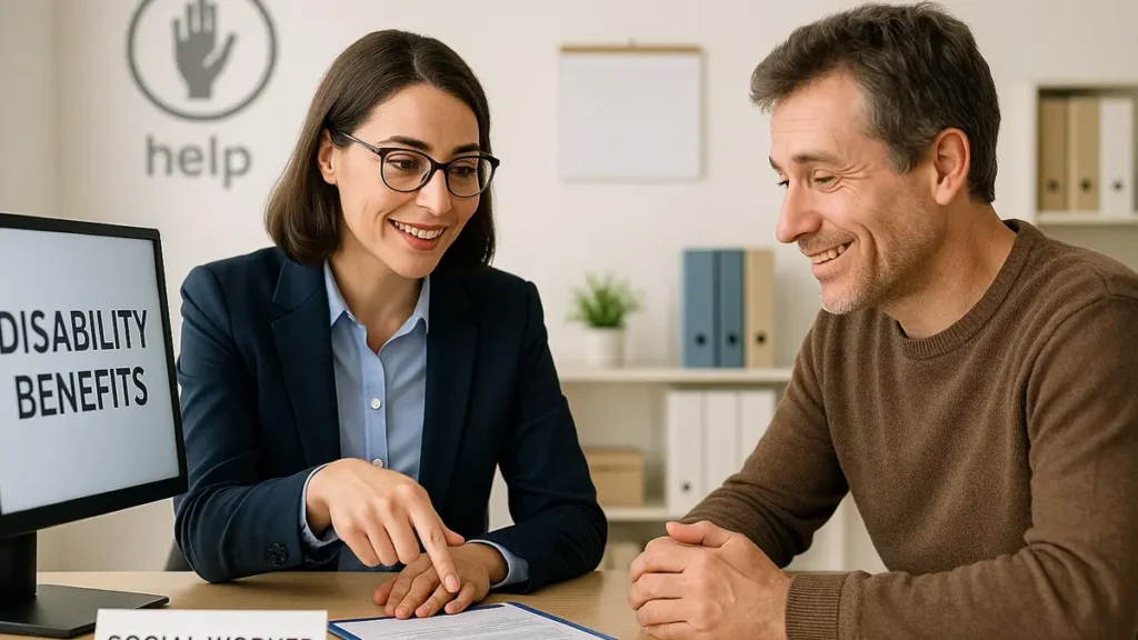 Una persona con un assistente sociale in un ufficio