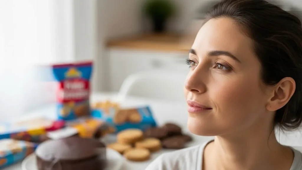 Donna serena che ignora cibi ipercalorici sfocati sullo sfondo