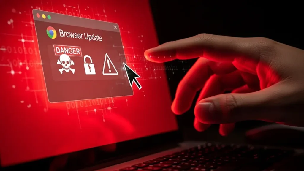 Illustrazione di una mano che sta per cliccare su un pop-up di aggiornamento fasullo su uno schermo