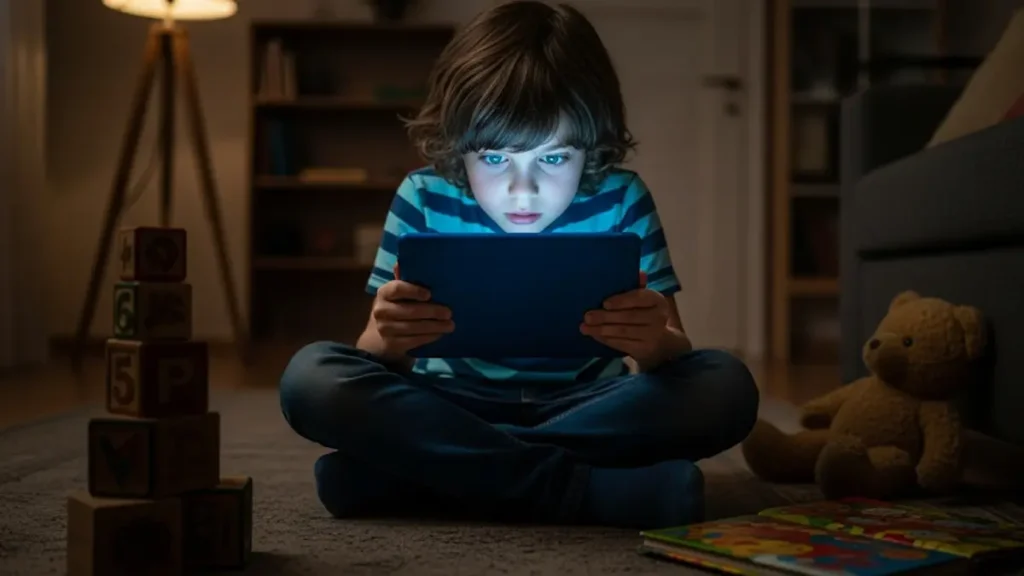 Un bambino di circa 7-8 anni seduto sul pavimento di un salotto illuminato solo dalla luce fredda e bluastra di un tablet