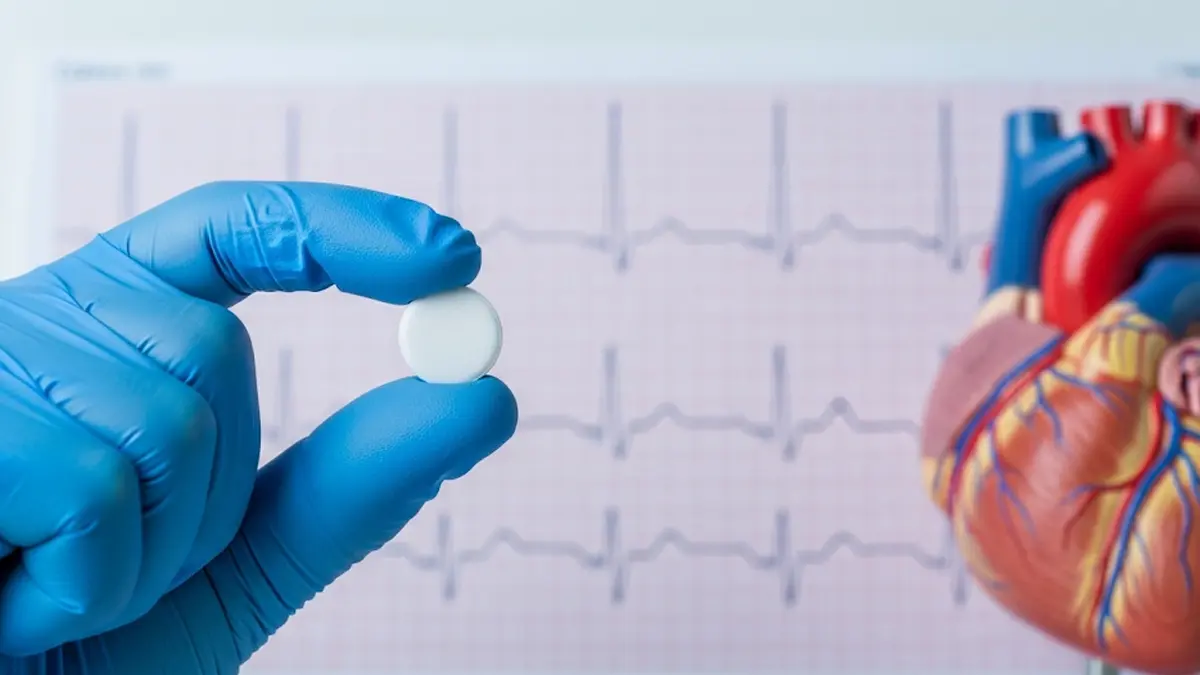 Un medico che mostra a un paziente un cuore stilizzato con a interno delle compresse di aspirina