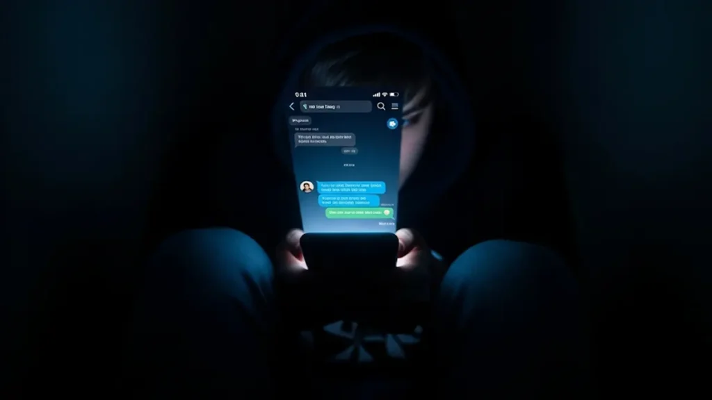 Una persona, di cui non si vede il volto seduta al buio illuminata solo dalla luce fredda di uno smartphone