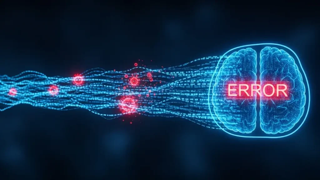 illustrazione astratta che mostra un flusso di dati digitali blu interrotto da linee di codice rosse e corrotte