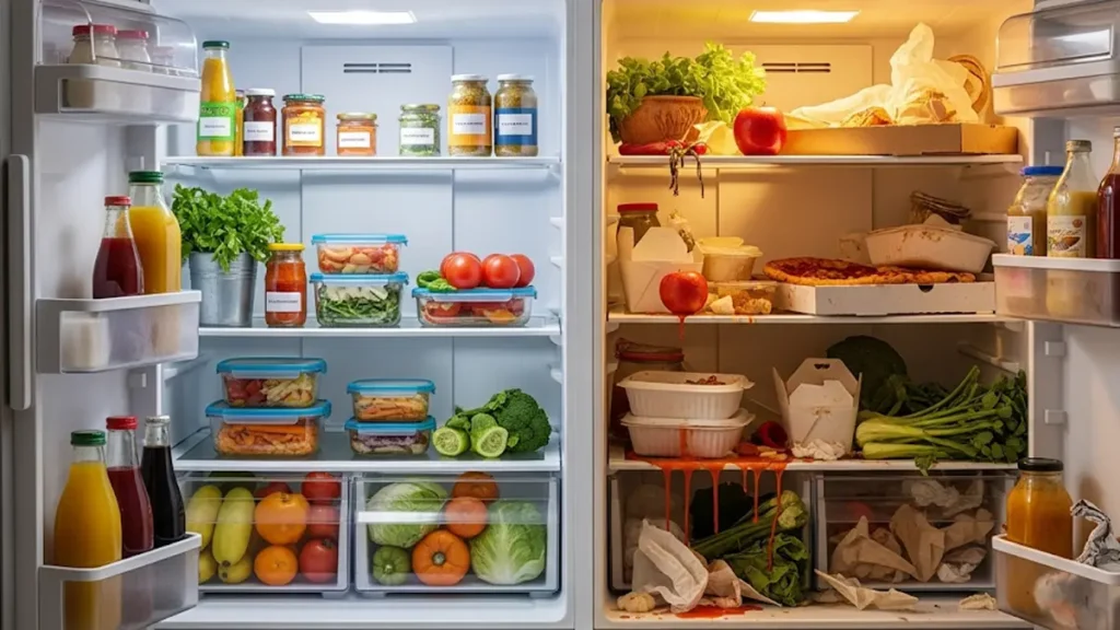 un frigorifero aperto e ben organizzato su un lato