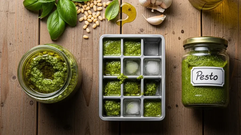 un vasetto di vetro trasparente pieno di pesto verde brillante