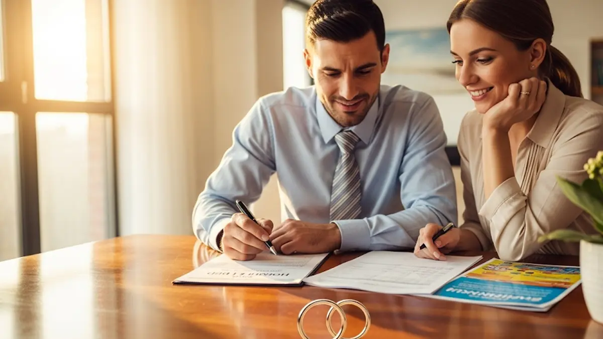 una coppia sorridente ma riflessiva mentre esamina dei documenti