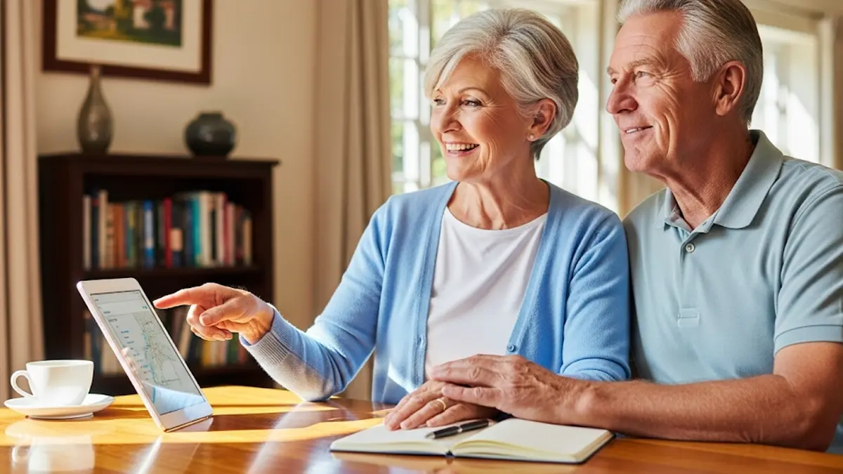 una coppia sorridente tra i 65 e i 70 anni seduta a un tavolo di casa