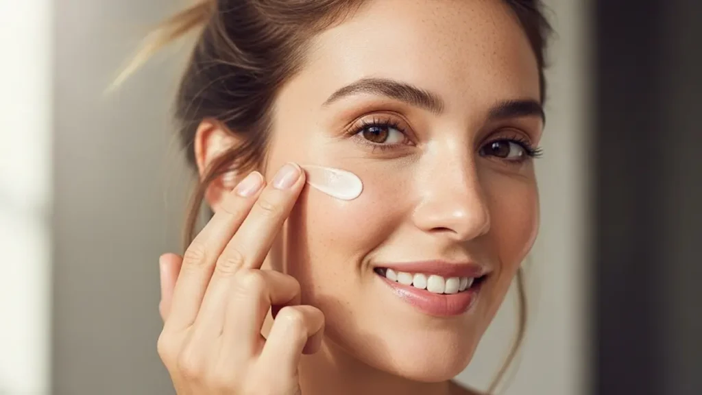 una donna con un viso fresco e naturale mentre applica una crema solare dalla texture fluida e invisibile