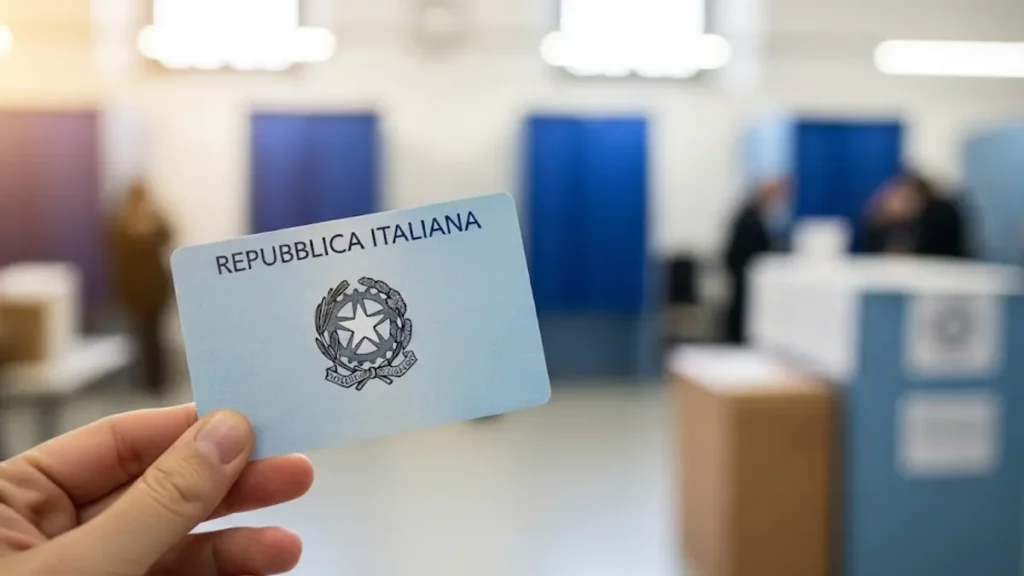 una mano che tiene in primo piano una tessera elettorale italiana