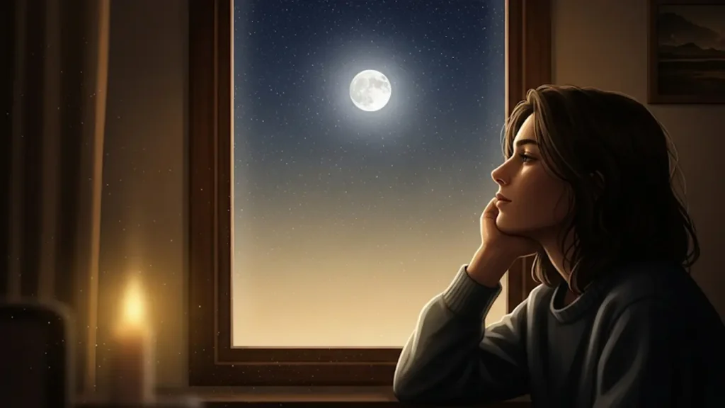 una persona che guarda fuori da una finestra verso un cielo notturno stellato e una luna luminosa