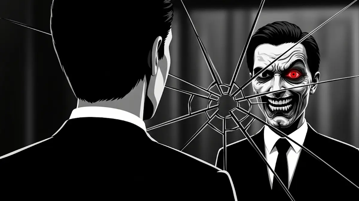 una persona che guarda il proprio riflesso distorto in uno specchio rotto