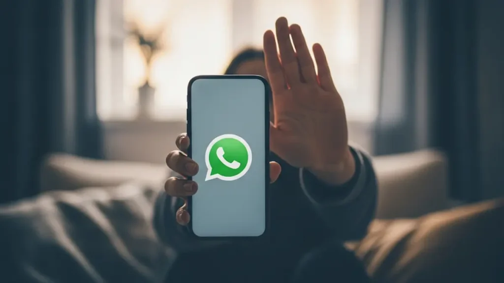 una persona che tiene in mano uno smartphone con il logo di WhatsApp