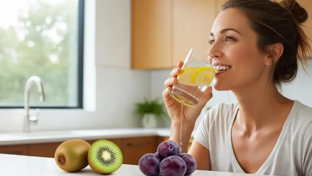 una persona sorridente mentre beve un bicchiere di acqua e limone