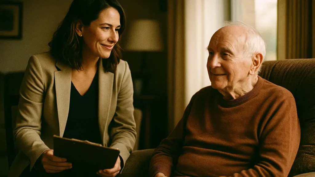 Assistente sociale parla in modo rassicurante con una persona anziana seduta su una poltrona nel suo salotto