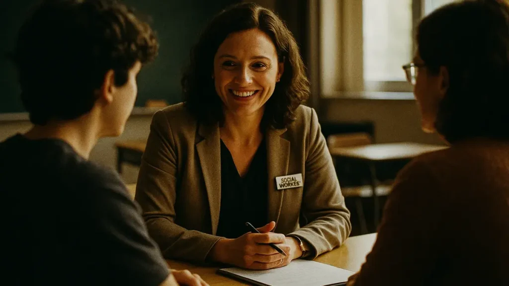 Assistente sociale scolastico in un colloquio sereno con una famiglia e uno studente