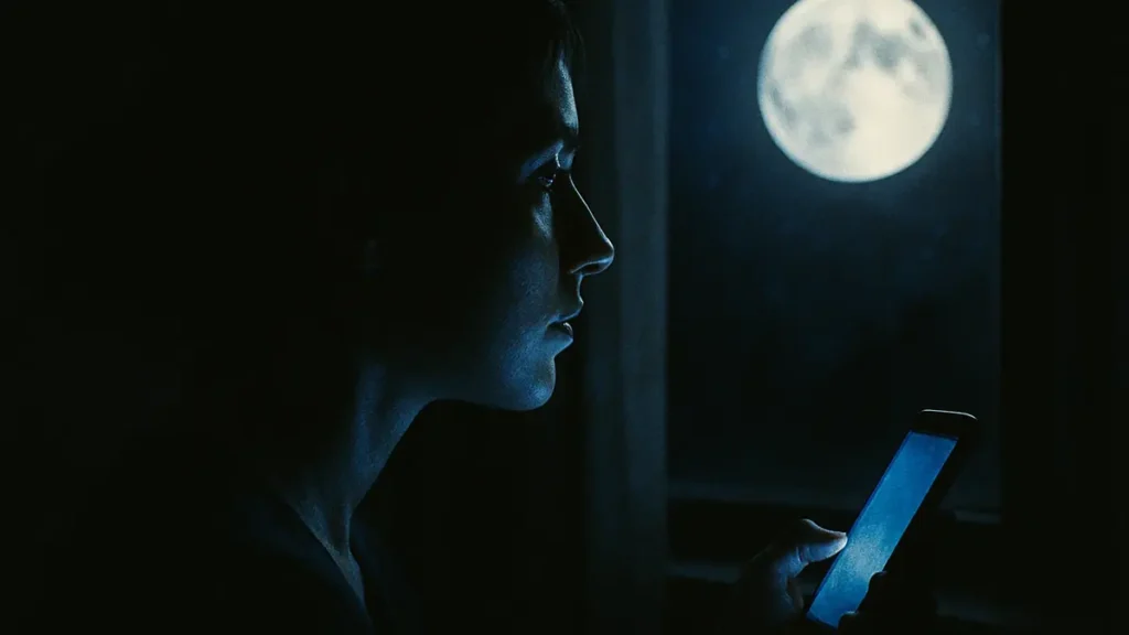 Donna che guarda la luna piena da una finestra