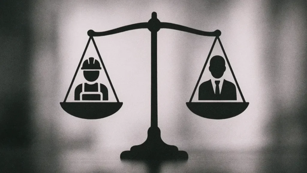 Due persone un operaio e un dirigente che si stringono la mano sopra una bilancia