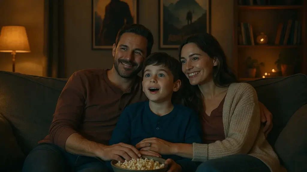 Famiglia sorridente composta da genitori e un bambino di 10 anni seduta su un divano comodo