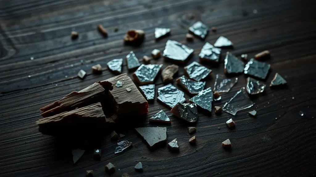 Frammenti di specchio rotto su sfondo scuro