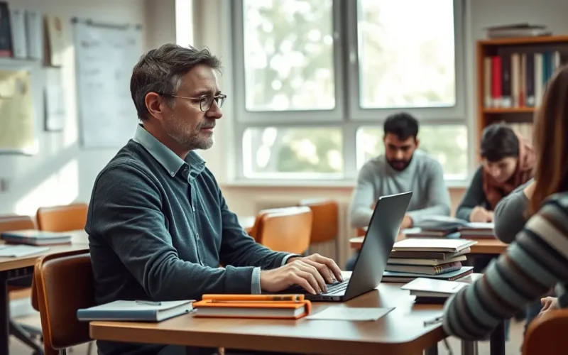 Insegnante che utilizza un laptop in classe con studenti