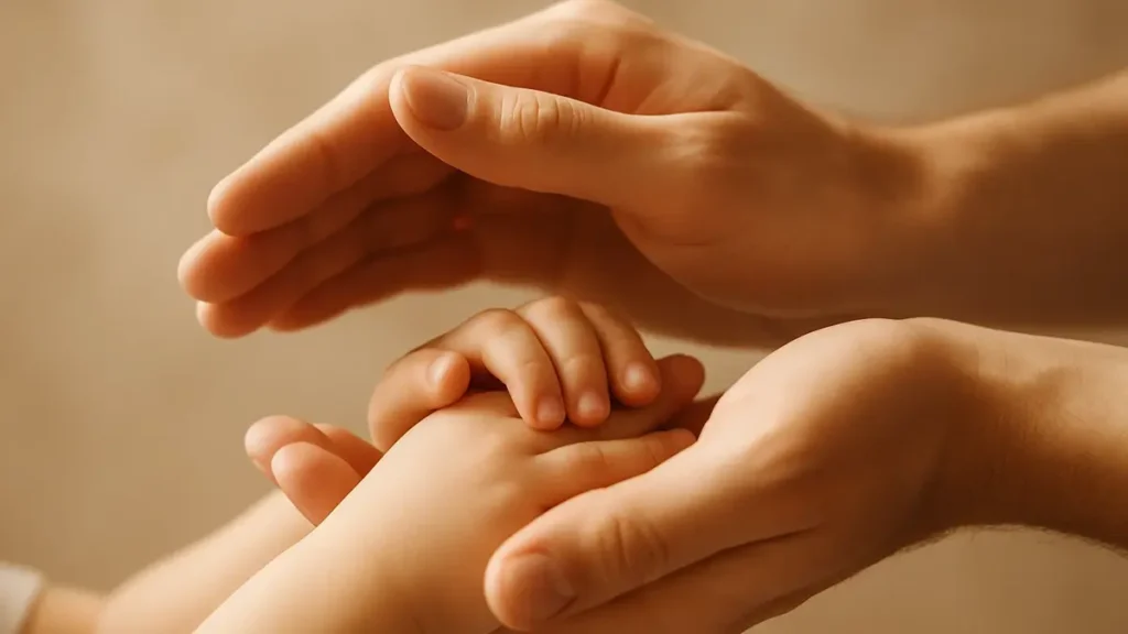 Mani adulte che offrono supporto e protezione alle mani di un bambino