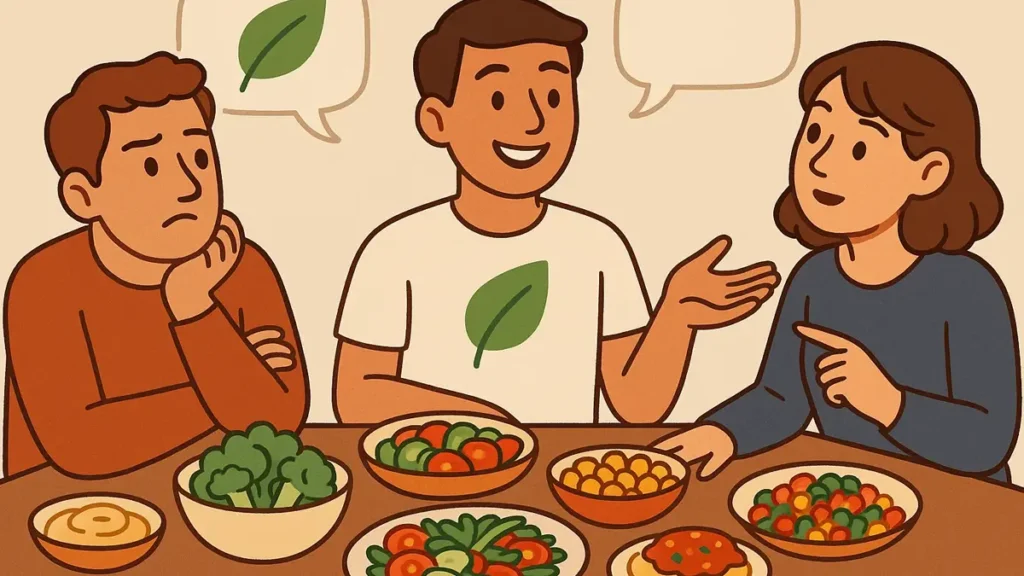 Persona vegana calma che dialoga con un gruppo di amici onnivori