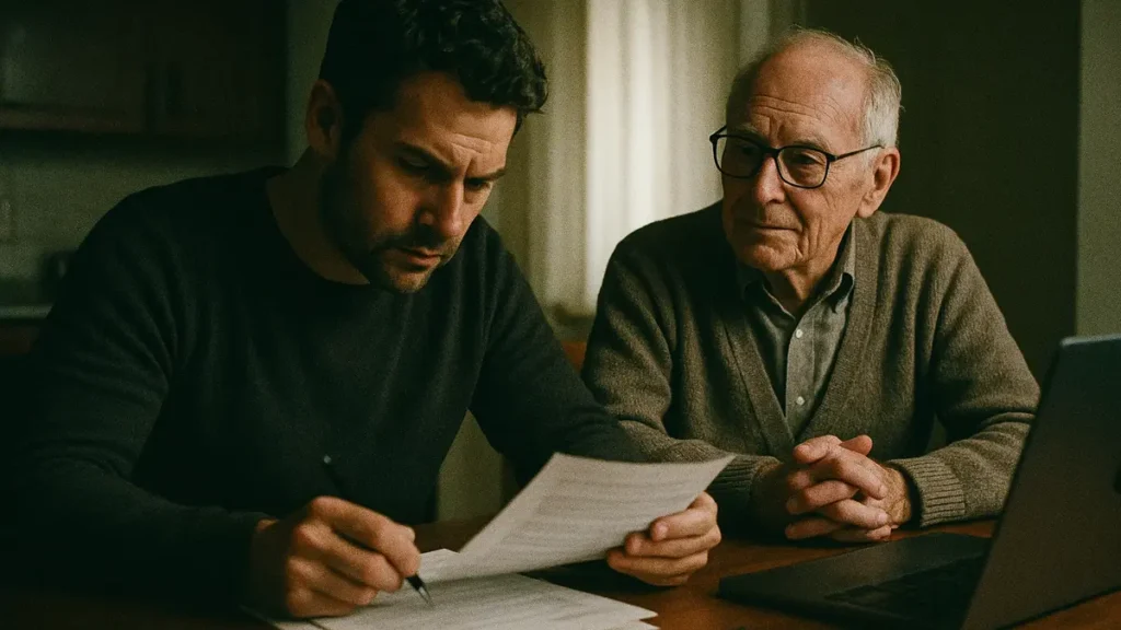 Un figlio che assiste un genitore anziano a casa