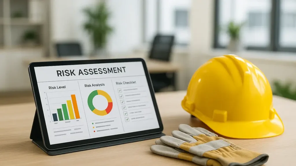 Un professionista della sicurezza sul lavoro analizza i rischi in un ambiente di lavoro