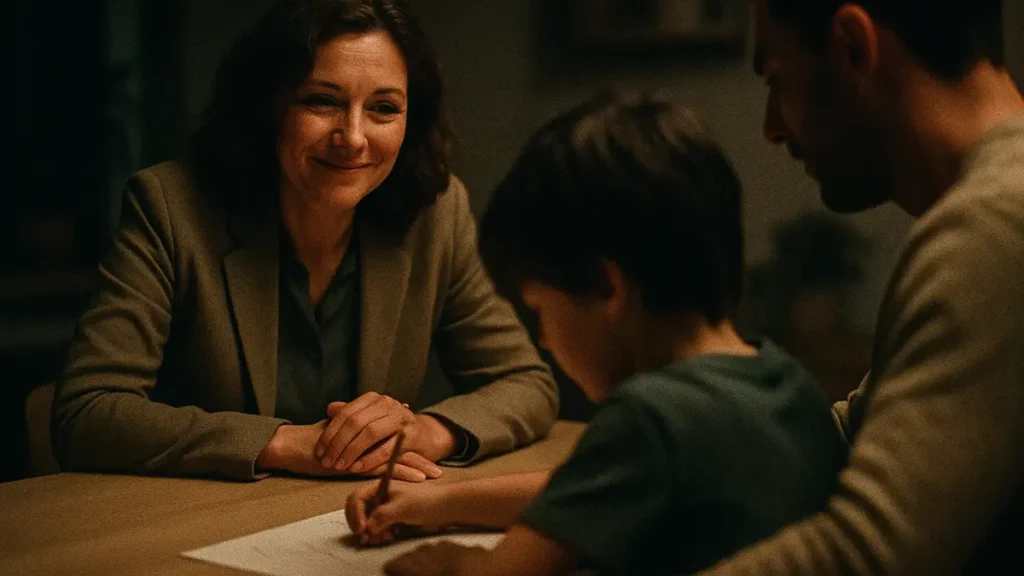 Una assistente sociale parla con dolcezza a un bambino e alla sua famiglia