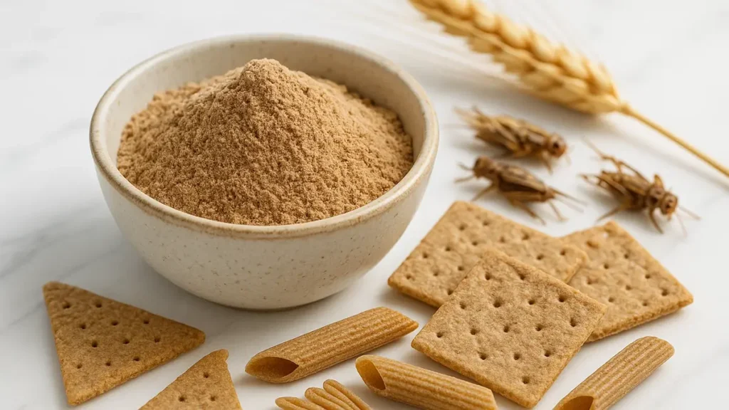 Una ciotola di legno contenente farina di grillo color nocciola