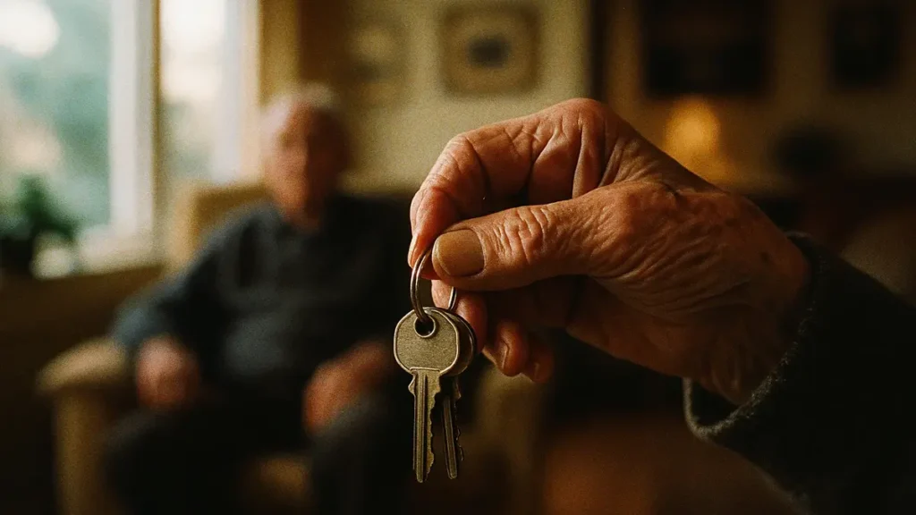 Una mano anziana che tiene le chiavi di casa a simboleggiare il diritto di usufrutto che non si perde con il trasferimento in casa di riposo