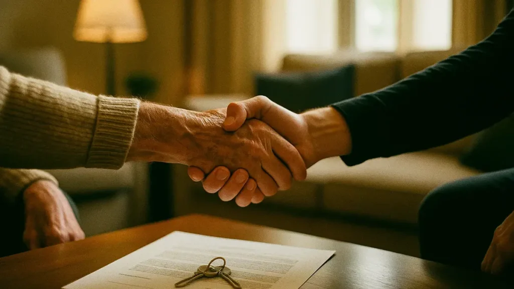 Una stretta di mano tra una persona anziana e una più giovane davanti a un contratto immobiliare