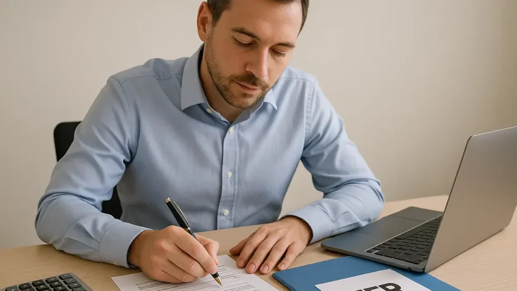 Uomo in abiti da ufficio firma un contratto con una calcolatrice e documenti sul tavolo