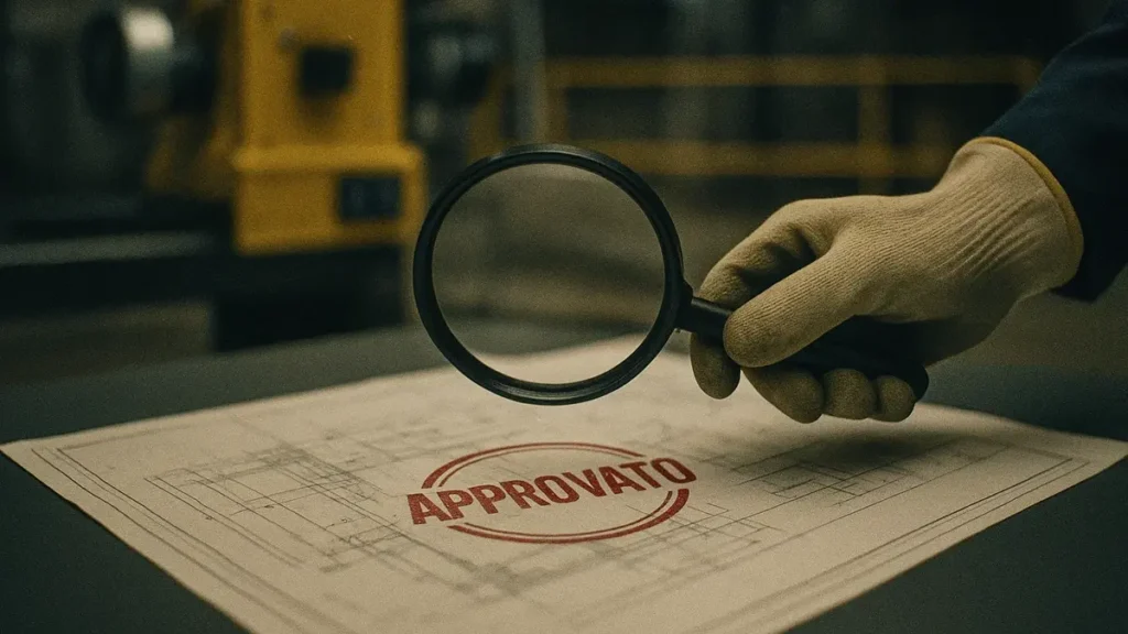 Valutazione finale del rischio con check-list e lente ingrandimento su un progetto completato