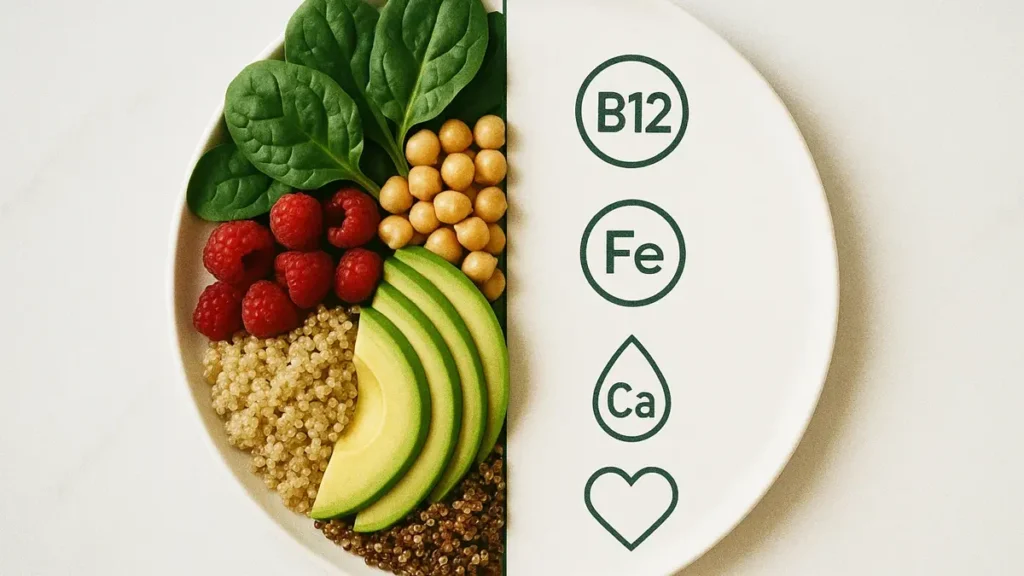 Vantaggi e svantaggi della dieta vegana rappresentati da un piatto diviso a metà