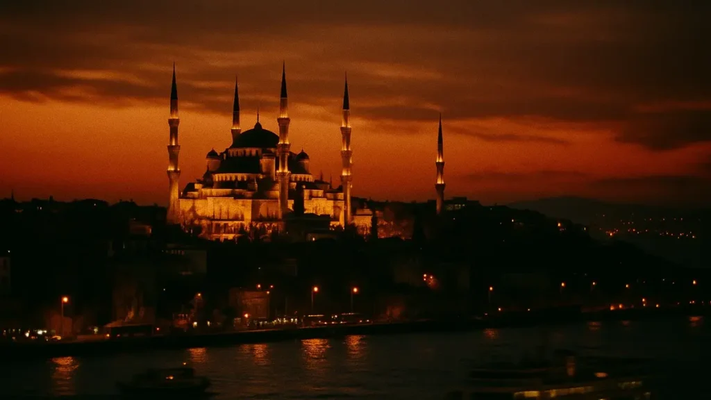 Vista panoramica di Istanbul con la Moschea Blu e il Bosforo al tramonto