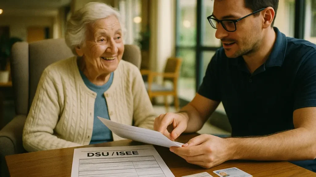 Anziana in RSA con familiare che consulta documenti ISEE