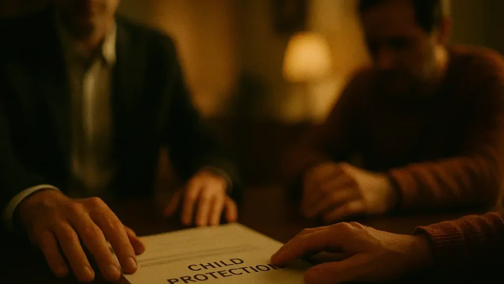 Assistente sociale e genitore che dialogano in un ufficio