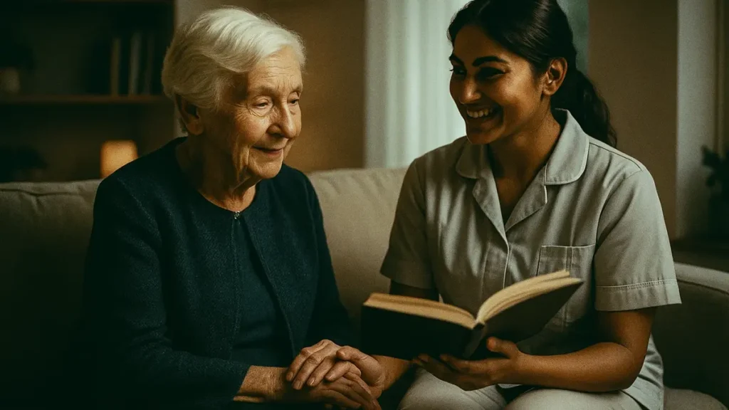 Donna anziana sorridente con badante mentre leggono un libro sul divano