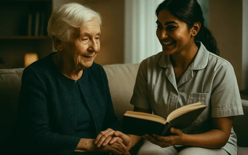 Donna anziana sorridente con badante mentre leggono un libro sul divano