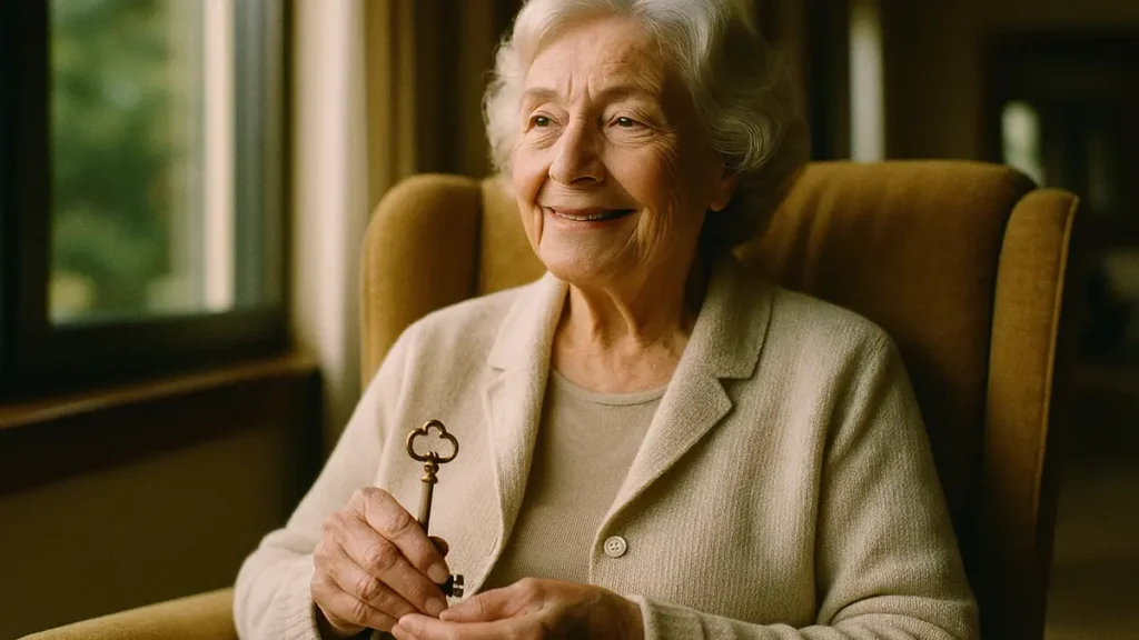 Donna anziana sorridente in casa di riposo che tiene in mano una chiave di casa