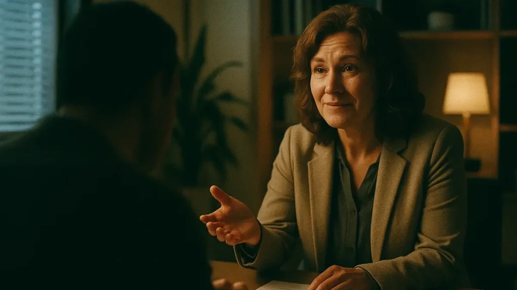 un ufficio dei servizi sociali e un assistente sociale che prende appunti