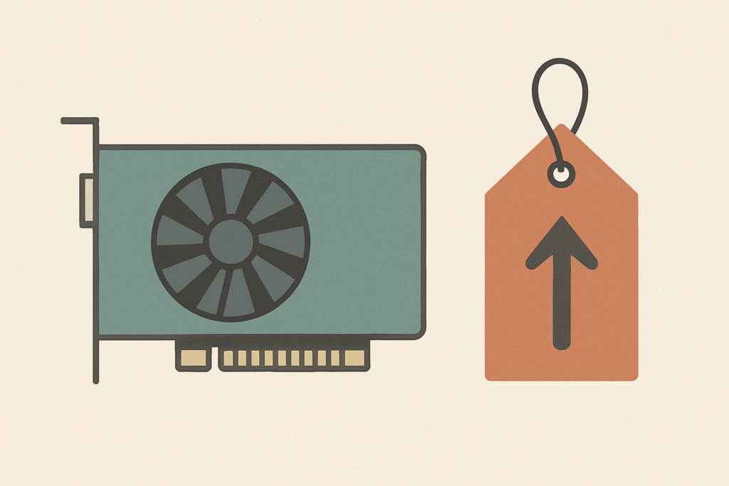 Illustrazione minimal di una scheda grafica e un tag prezzo con freccia verso l'alto