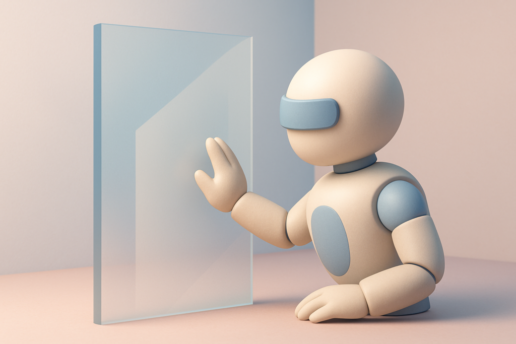 Rappresentazione 3D di un agente IA di fronte a un muro astratto