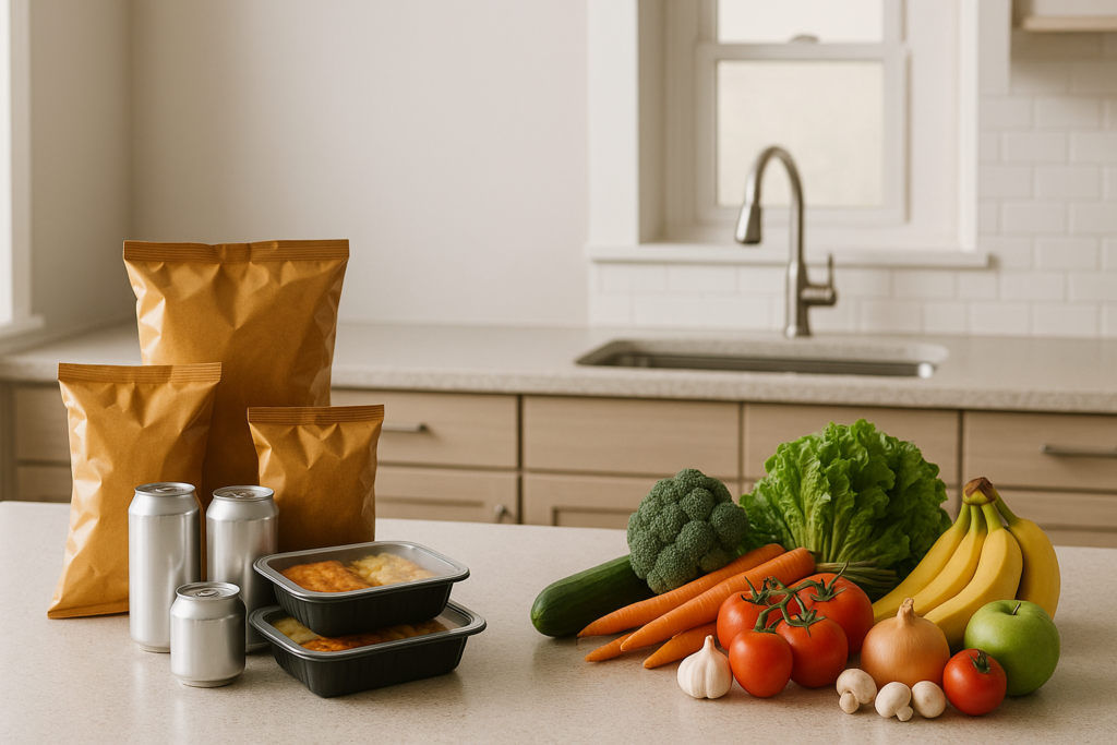 Cibi confezionati e alimenti freschi su un bancone, contrasto tra ultra‑processati e naturali