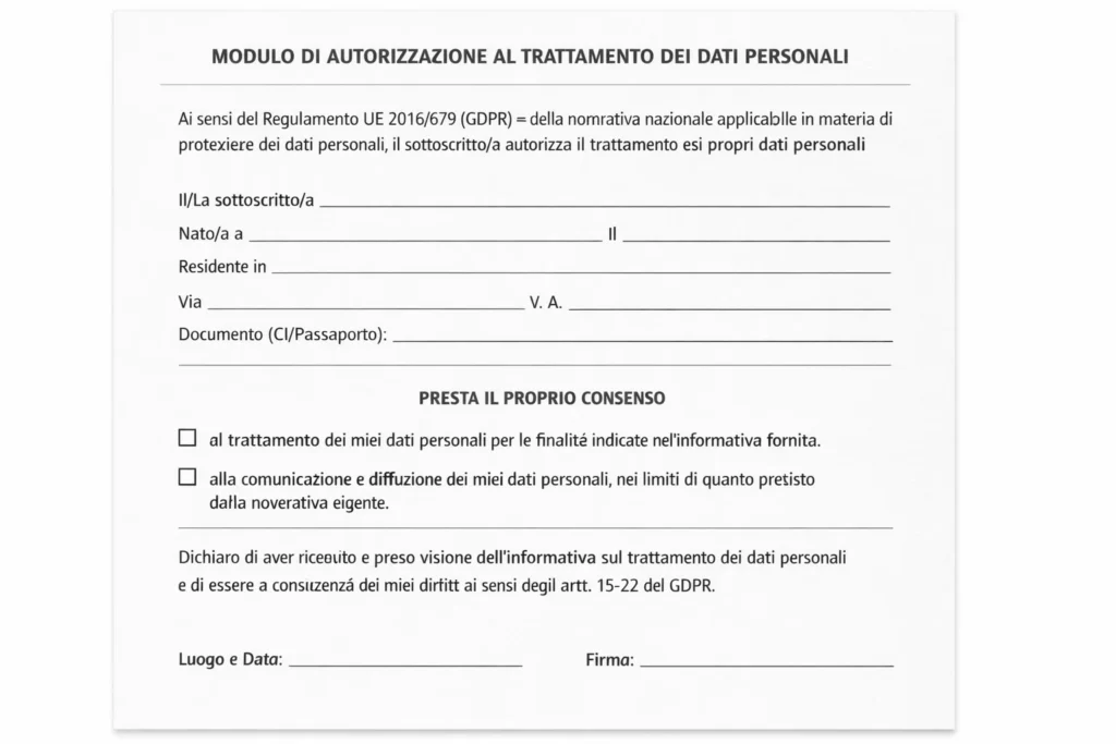 modulo autorizzazione trattamento dati personali generico