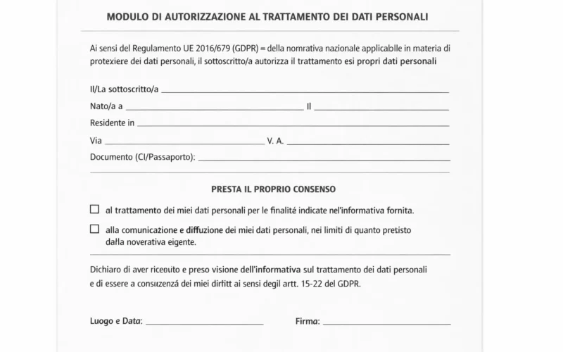 modulo autorizzazione trattamento dati personali generico